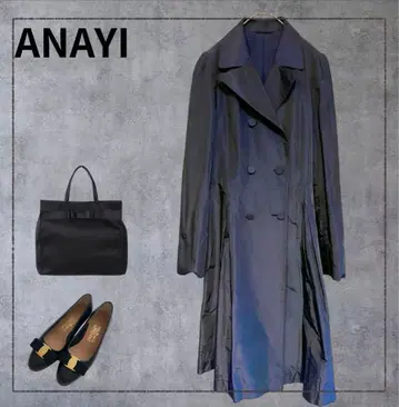 ANAYI 트렌치코트 더블 싸개 단추 네이비 벨트 없음