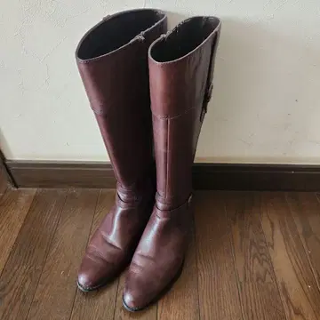 소니아 발렌티 다크 브라운 천연 가죽 롱 부츠 레오파드 무늬 깔창