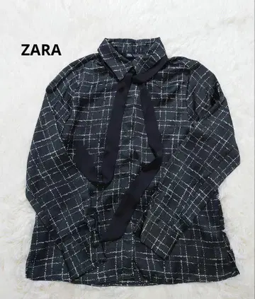 ZARA 보타이 블라우스 블랙 화이트 체크 긴팔 셔츠 미사용 S