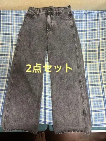 [ 2세트 ] 데미지 가공 그레이 와이드 레그 청바지