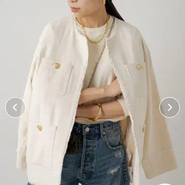 라운지 드레스 라이트 트위드 노카라 자켓 리브 드와 비어즐리
