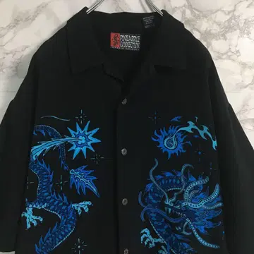 드래곤 x 파이어 용 x 불꽃 양면 프린트 오픈 카라 셔츠 블랙 XL