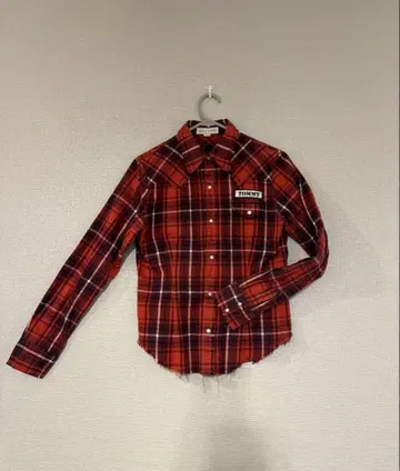 Tommy Girl 자수 셔츠 체크 셔츠 긴팔 셔츠 레드