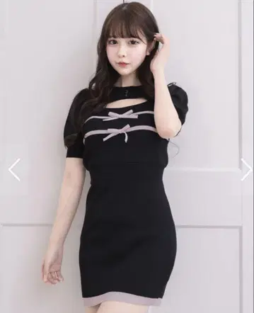 pium 리본 테이프 레이어드 반팔 니트 원피스 피