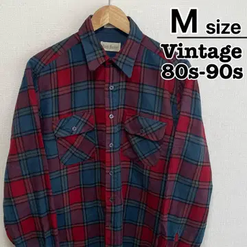 80s-90s USA 구제 의류 플란넬 셔츠 M 레드 체크 무늬 아크릴