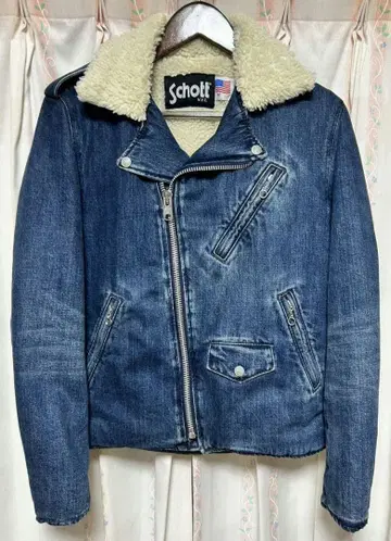 Schott 데님 보아 옷깃 라이더 자켓