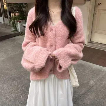 RiLi 복슬복슬 알파카 울 가디건 핑크