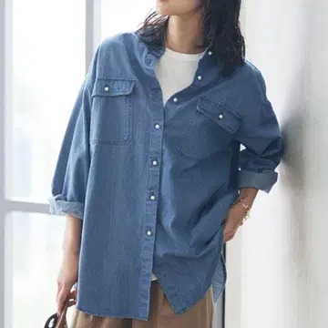 L 사이즈 IEDIT 펄 버튼 밴드 카라 오버 사이즈 데님 셔츠