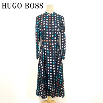 LA8011 휴고보스 롱 원피스 올 패턴 벨트 리본 네이비 36