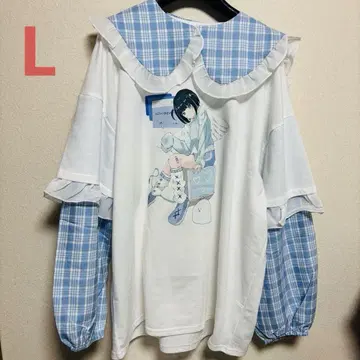 새상품 . 카라 부착 긴팔T셔츠 L 시마무라 화이트 블루