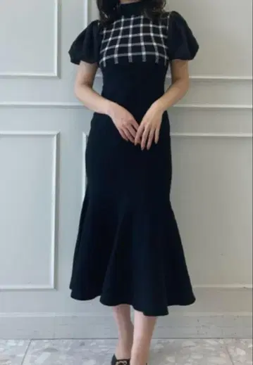 eimy 이스토아 셰퍼드 체크 머메이드 니트 원피스