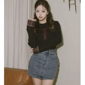 darich 체크 커프스 리본 니트탑 BLK