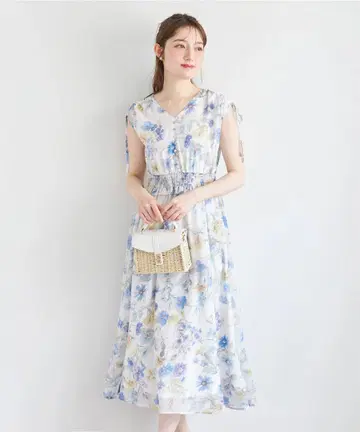 어깨 드로스트 리본 포함 플라워 프린트 허리 셔링 원피스 블루