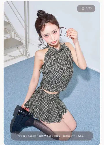 Darichi 리본 체크 슬리브리스 블라우스 GRY FREE