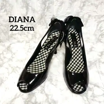 DIANA 블랙 22.5cm 뒷꿈치 리본 에나멜 오픈토 펌프스