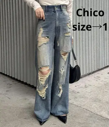 Chico 데미지 가공 청바지 블루 와일드 레그 Chico