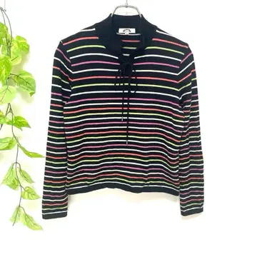 FLAX 울 100% 보더 무늬 레이스업 캐주얼 상의 ( L )