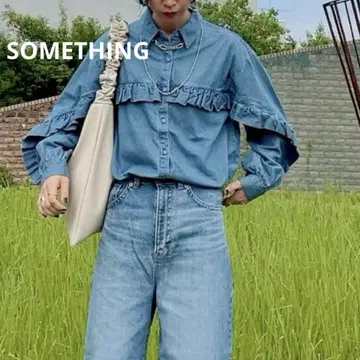 썸씽 데님 프릴 셔츠 블라우스 긴팔 파랑 실크 100%