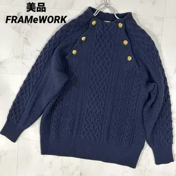[새상품급] FRAMeWORK 해밀턴 울 골드 버튼 케이블 니트 네이비
