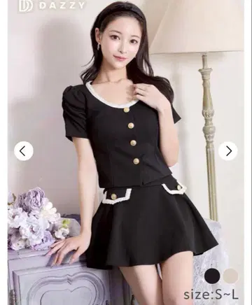 바이컬러 퍼프 슬리브 골드 버튼 A라인 미니 셋업