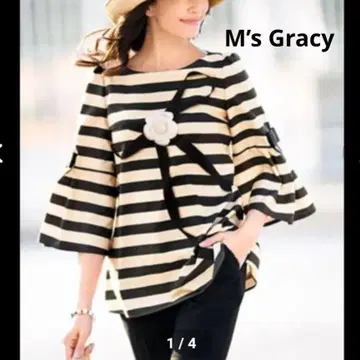 컨디션 최상 M's GRACY 38 현행 택 까멜리아 보더 튜닉 블라우스
