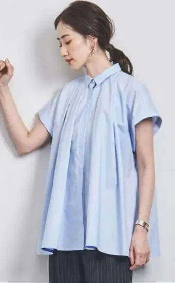 UNITED ARROWS 코튼 반팔 셔츠 턱 플레어 블루