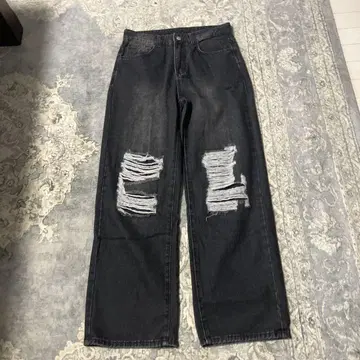 데미지 가공 다크 데님 와이드 레그 팬츠