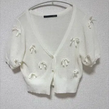 리본 장식 아이보리 반팔 가디건 Heather