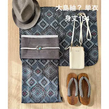 오시마 명주 코몬 기모노 단의 기장 154 네이비 네이비  블루 계열
