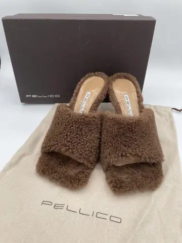 PELLICO 브라운 퍼 뮬 중간 힐 샌들