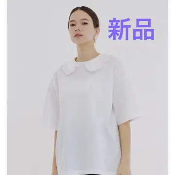 미사용 새상품 yori 플로키 도트 둥근 카라 Tee 화이트