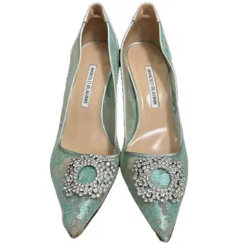 마놀로 블라닉 민트 그린 레이스 비쥬 펌프스 블루