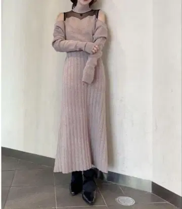 EATME 리브 오프숄더 긴팔 원피스