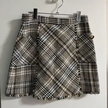 ZARA 베이지 x 브라운 체크 무늬 트위드 미니 스커트 M 사이즈