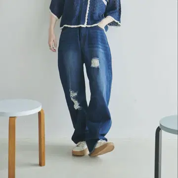 데미지 데님 커브 팬츠 unclip 네이비
