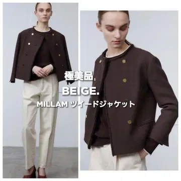 컨디션 최상 BEIGE 베이지 골드 버튼 트위드 노카라 자켓 M