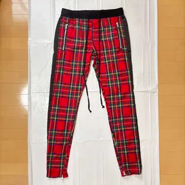 레드 계열 타탄 체크 팬츠 지퍼 드로스트링 펑크