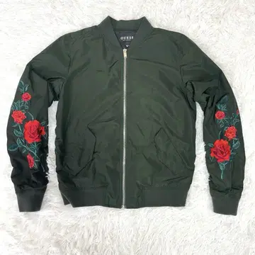 GUESS 게스 나일론 자켓 카키 장미 꽃무늬 자수 장미 로즈