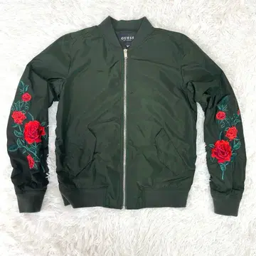 GUESS 게스 나일론 자켓 카키 장미 꽃무늬 자수 장미 로즈