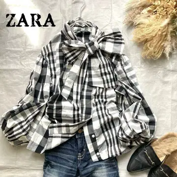 ZARA 보타이 리본 타탄 체크 무늬 셔츠 블라우스 화이트 블랙 턱