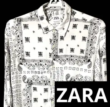 ZARA M 올 패턴 스카프 패턴 화이트 레이온 반팔 셔츠 브랜드