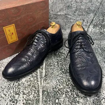 새상품급 에트로 드레스 슈즈 엠보싱 가공 페이즐리 무늬 네이비