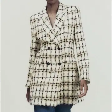 ZARA 자라 롱 트위드 더블 브레스트 자켓 S 사이즈 어깨 패드 부착