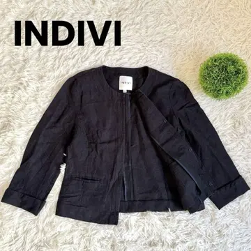 새상품급 INDIVI 인디비 노카라 자켓 린넨 혼방 블랙