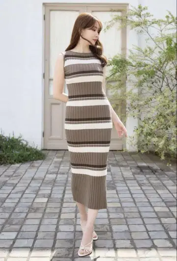 새상품 Cotton Striped Ribbed Knit Dress