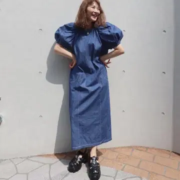 링커블 데님 원피스 퍼프 슬리브 롱 드레스