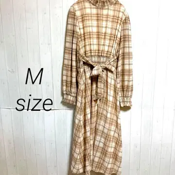 새상품급 긴팔 원피스 체크 베이지 M 리본 벨트 포함 롱