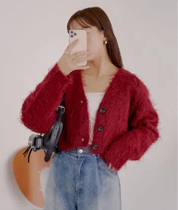 chico 배색 샤기 숏 가디건