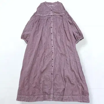 츠쿠로이 밴드 카라 레이스 개더 셔츠 원피스 피그먼트 가공 보라색