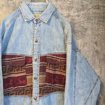 나이스 디자인 기하학 패턴 울 절개 데님 셔츠 빈티지 90s